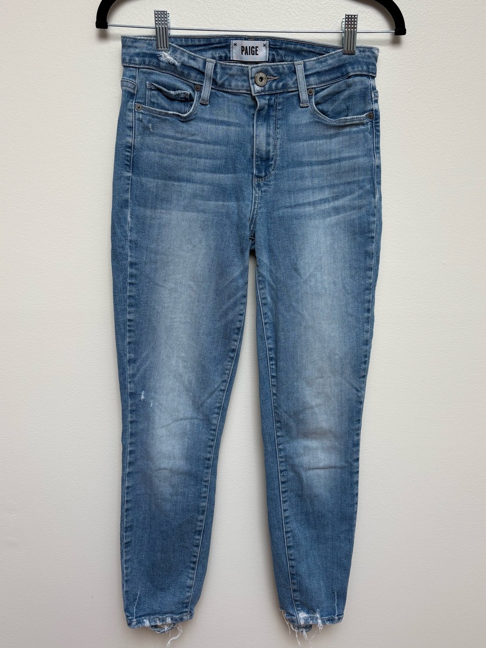 PAIGE Medium Blue Cropped Ankle Jeans with Distressed Hem